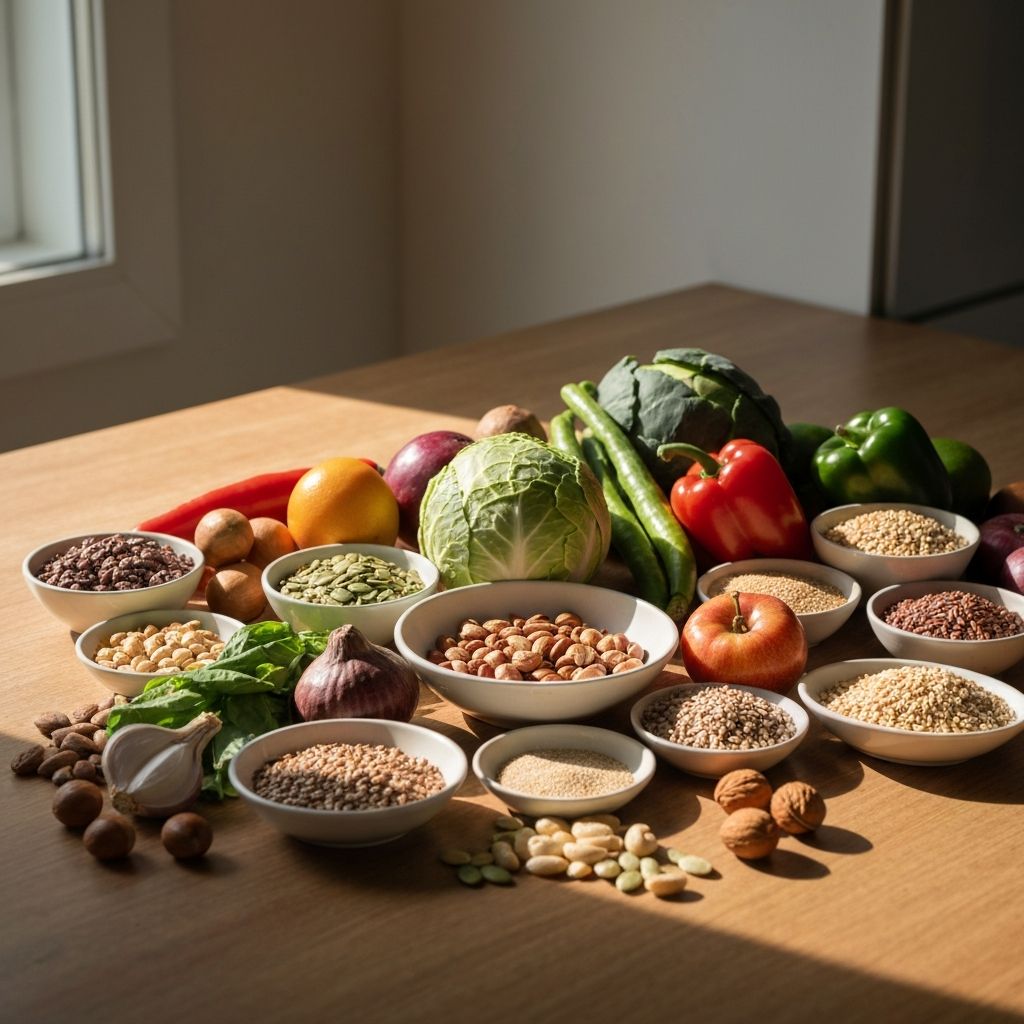 Fresh organic whole foods including vegetables, fruits, nuts and grains